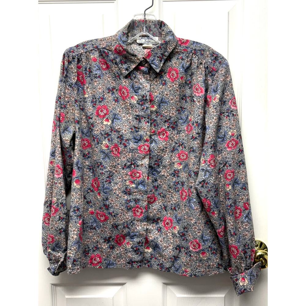 Vintage Lady Holiday Floral Blouse Gray Pink Blue Button Front 70s Petite L